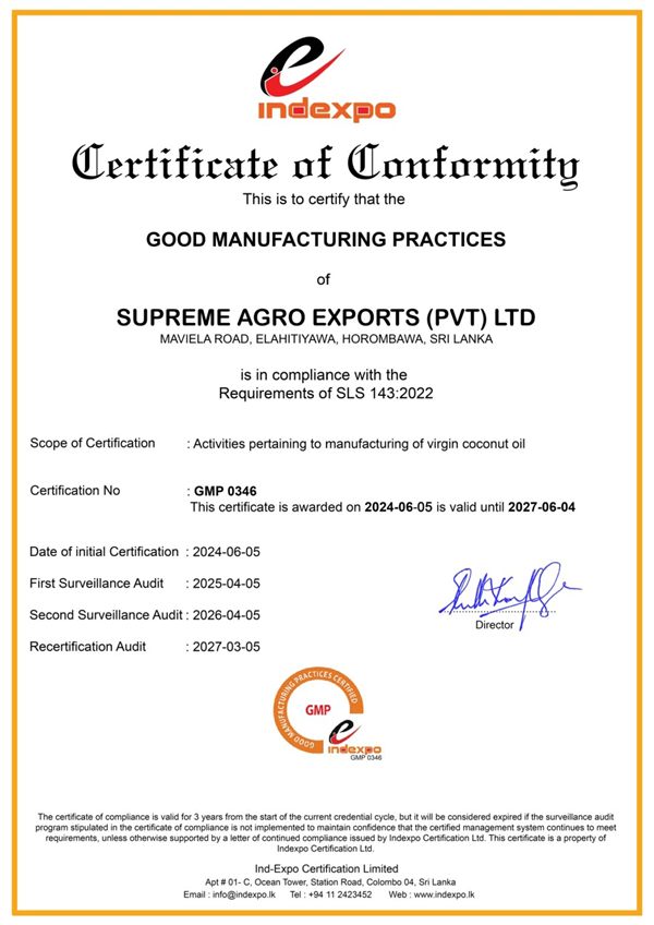 GMP (SLS 143:2022) certificate of conformity, Supreme Agro Exports (Pvt) Ltd