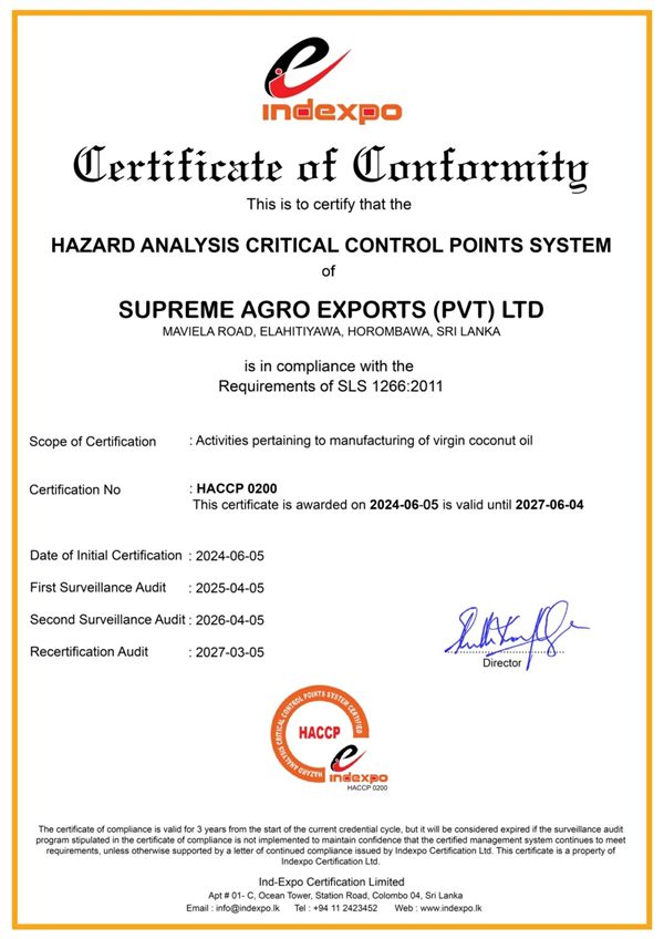 HACCP (SLS 1266:2011) certificate of conformity, Supreme Agro Exports (Pvt) Ltd