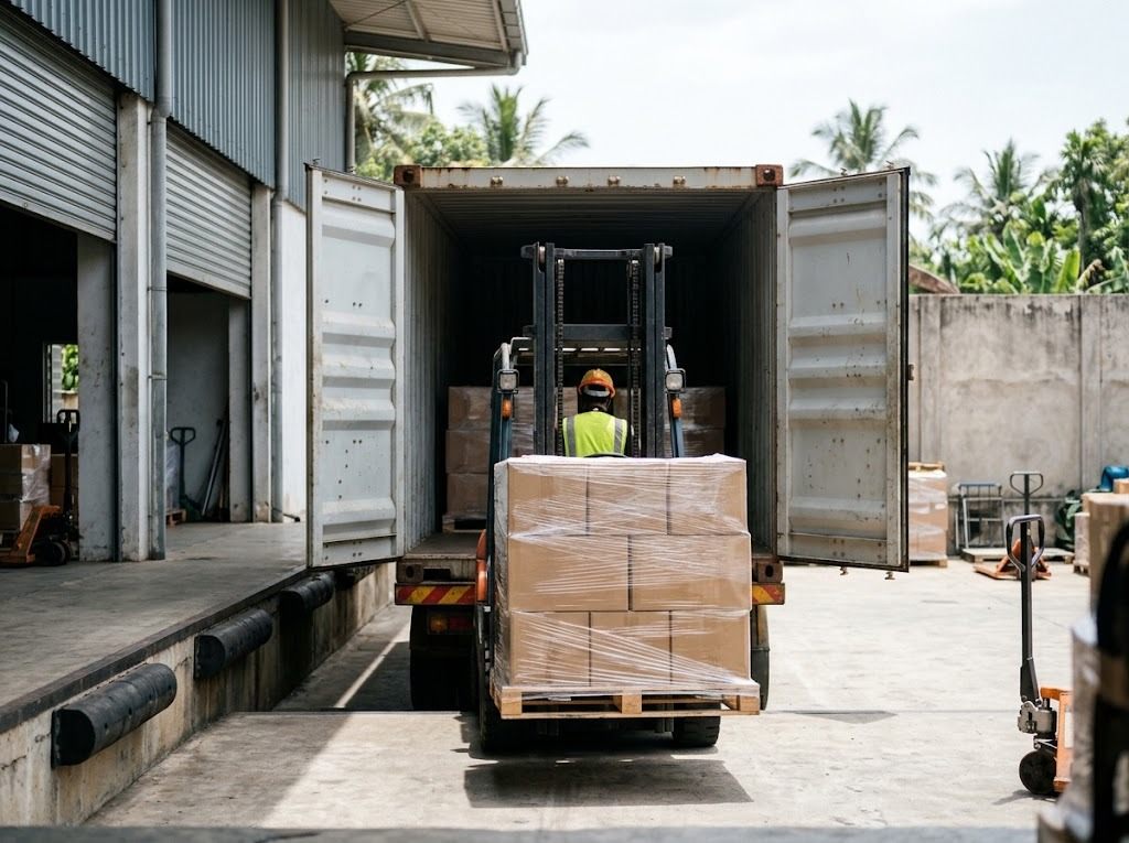 Pallets being loaded into a container