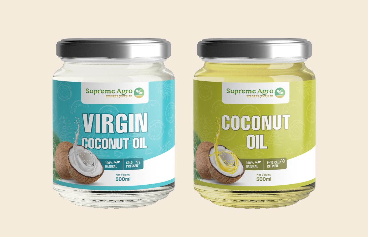 Supreme Agro virgin coconut oil and coconut oil jars